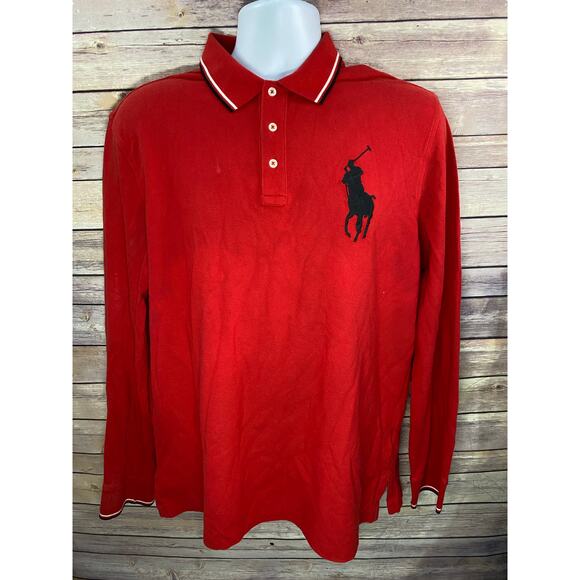 Polo Ralph Lauren Long Sleeve Polo Shirt Size Large Red Black Pony Logo Polo - Picture 1 of 8